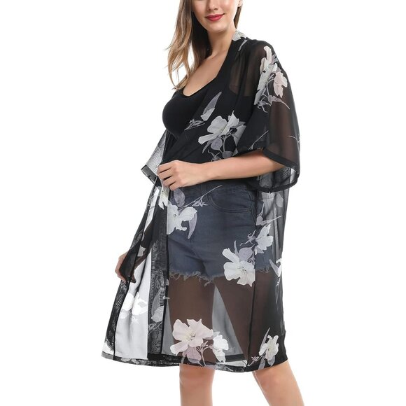 🆕Women White Chiffon Kimono Bathing Suit Cover Up Open Front Summer Dress - Picture 2 of 7